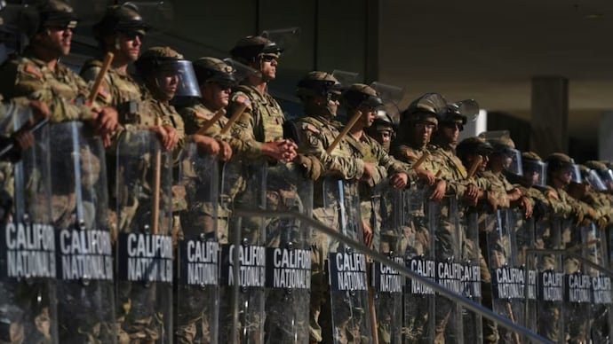 California National Guard members are positioned at the Federal Building in downtown Los Angeles on June 10.
