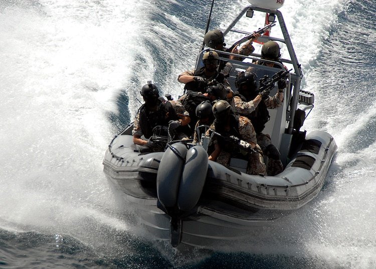 Danish sailors training with USS Vella Gulf during counter-piracy operations in the Gulf of Aden, in 2009.