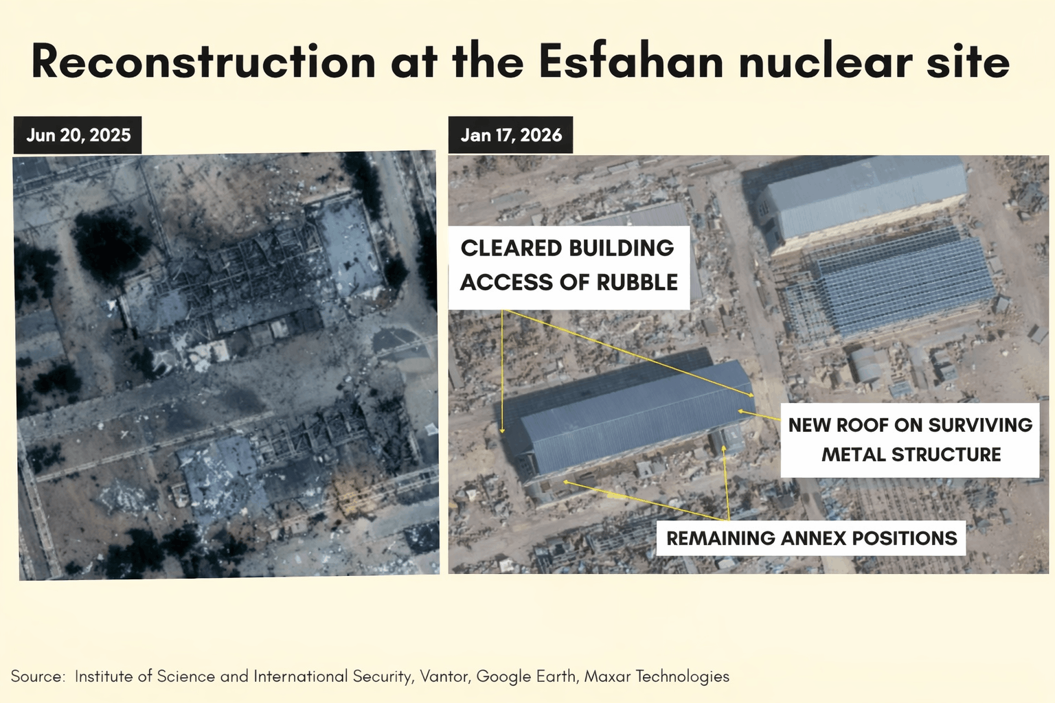Satellite imagery showing backfilled tunnel entrances at the Esfahan nuclear site