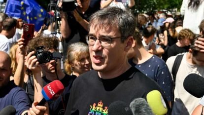 Karacsony speaking to the media in August.