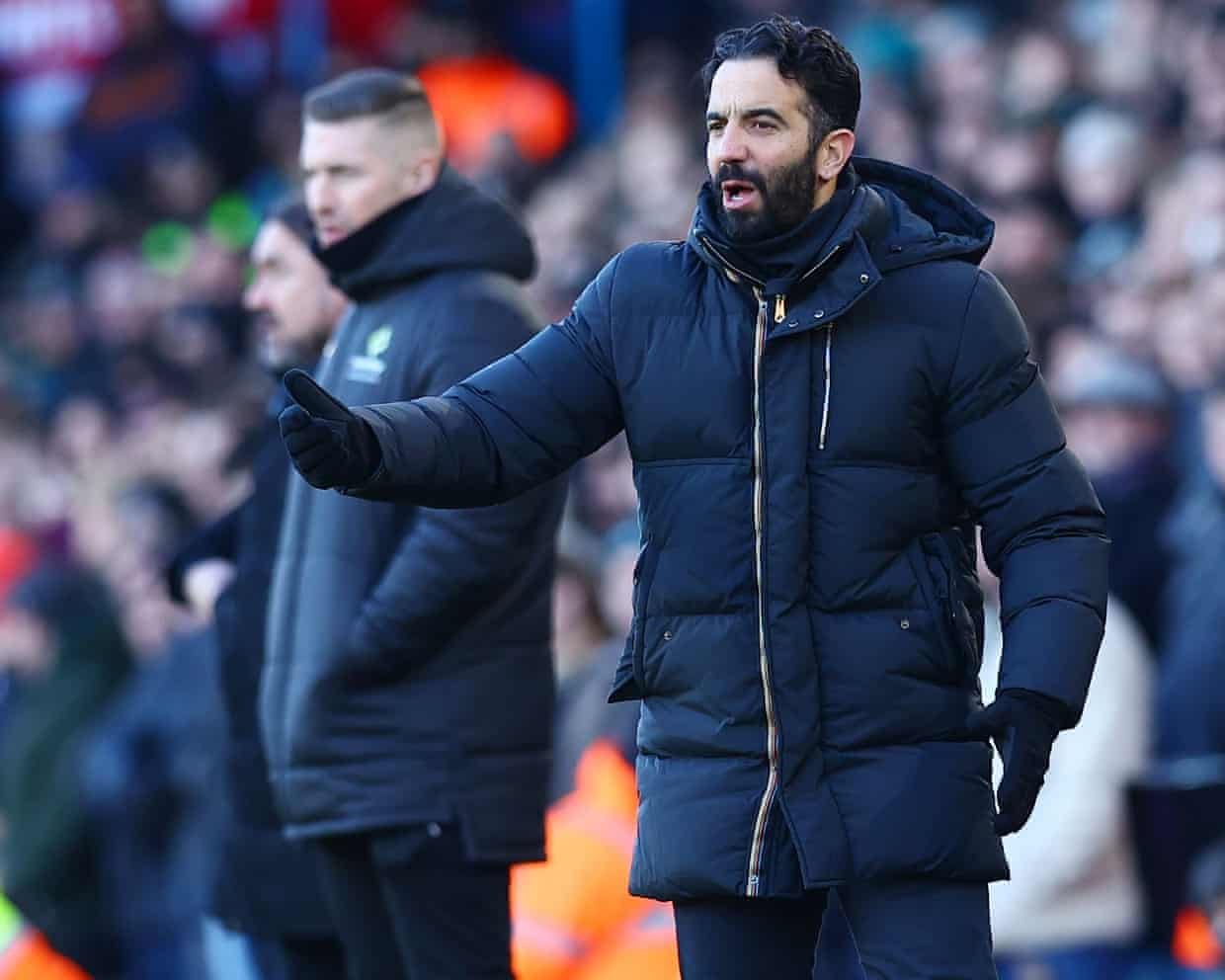 The Manchester United head coach, Ruben Amorim, reacts during the draw against Leeds.