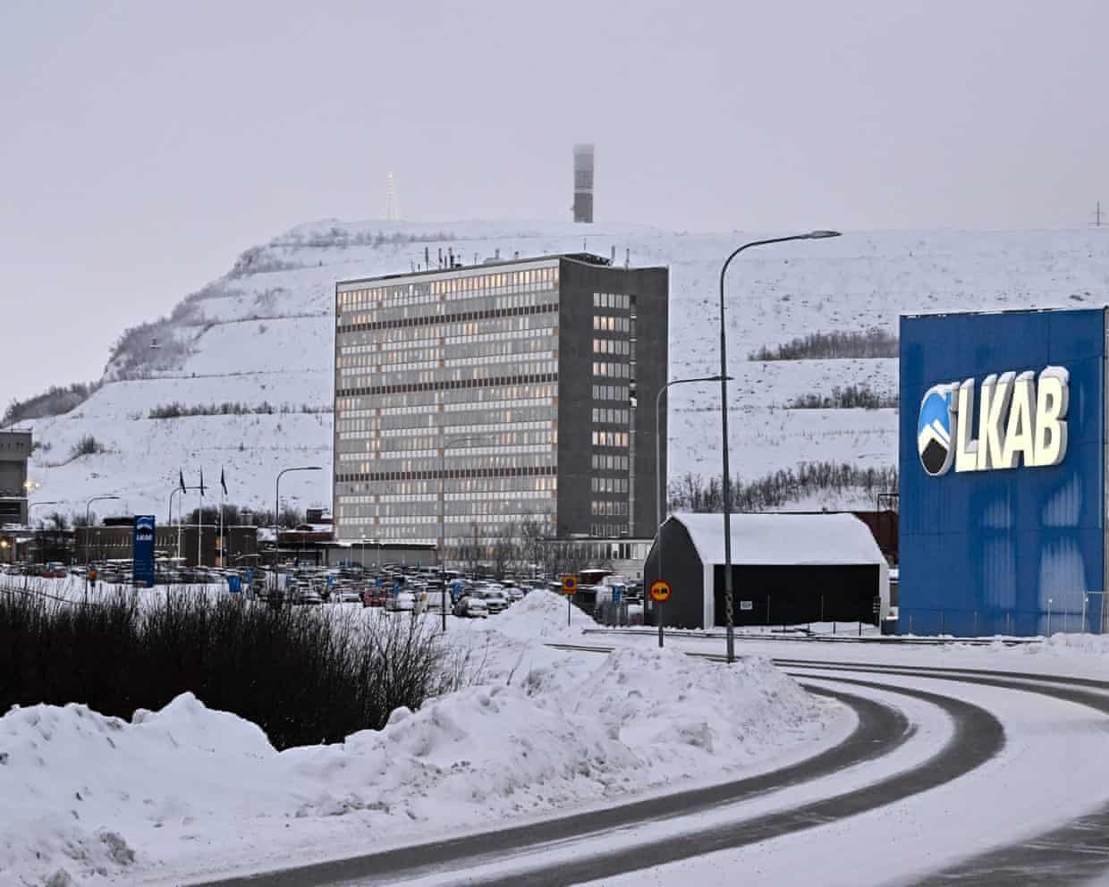 snow covered offices with the logo LKAB prominent