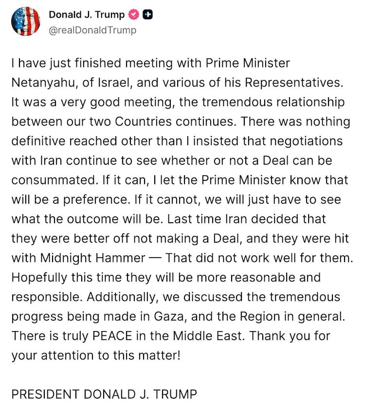 Trump said that while the meeting had been “very good”, no final agreement had been reached, particularly on Iran.