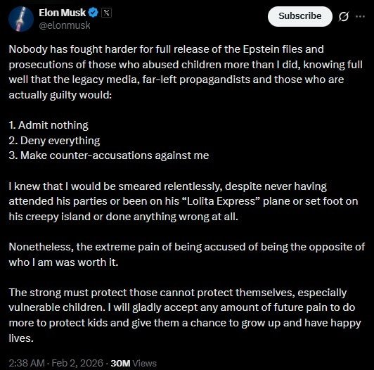 Elon Musk Epstein files post
