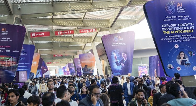 Visitors during the India AI Impact Summit 2026 at Bharat Mandapam in New Delhi. (Photo: PTI)