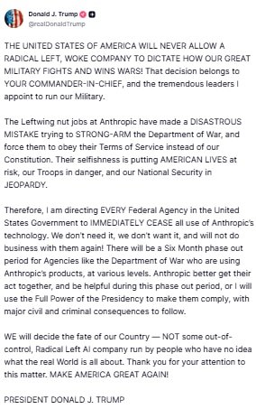Trump directs government agencies to cease using Anthropic since we don