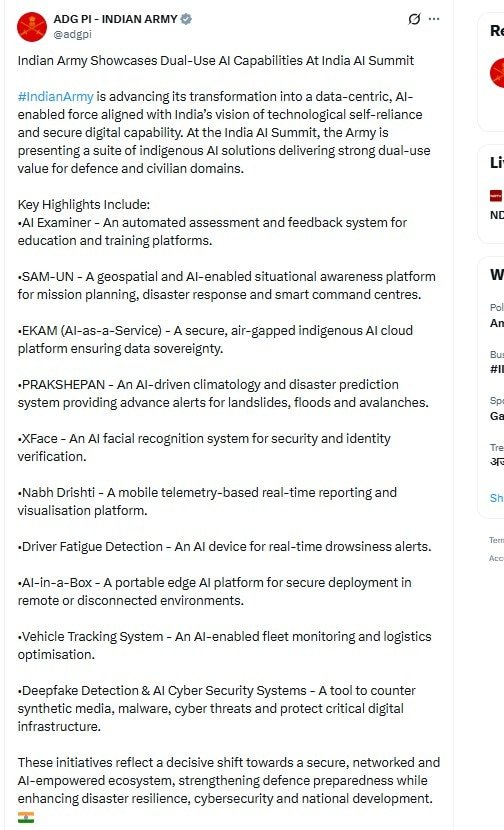 Indian Army officials presenting indigenous AI solutions at the AI Impact Summit