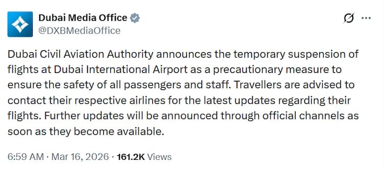 A big fire is caused by an Iranian drone strike near Dubai International Airport.