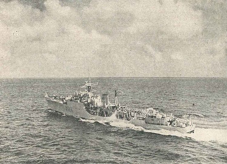 The Blackwood class frigate INS Khukri of the Indian Navy in an exercise with the Indonesian Navy in 1960.