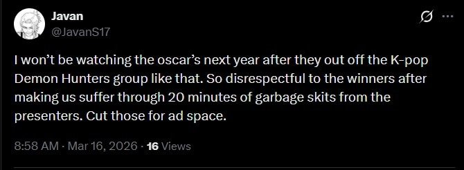 I apologize for the rudeness of the Oscars