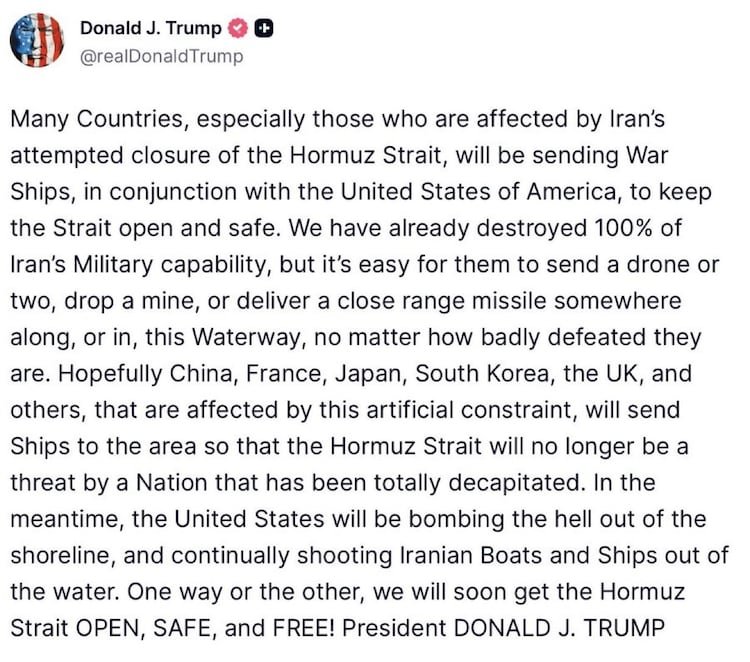Truth Social post he stated, "Many Countries, especially those who are affected by Iran