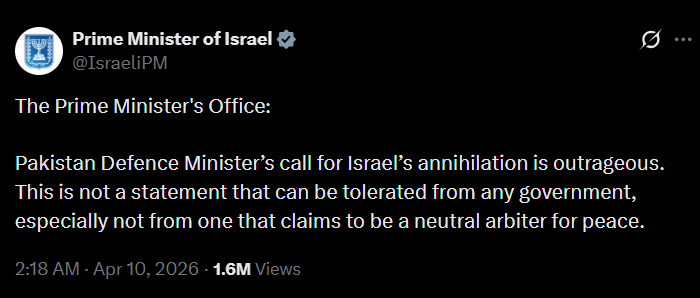 Israel’s Prime Minister’s Office called Asif’s comments “outrageous”.