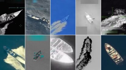 This grid of images shows 10 of the incidents in which the US military has targeted boats in international waters, from September 2 to October 29.