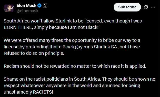A screengrab of Elon Musk post on X.