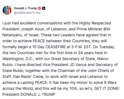 In a post on Truth Social, the US President said the ceasefire will begin at 5 PM EST (3:30 AM IST), framing it as a first step towards a peace process between the two sides. "It has been my Honor to solve 9 Wars across the World, and this will be my 10th, so let’s, GET IT DONE!"