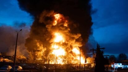 Fire burns at recycling site in Kyiv following Russian strike