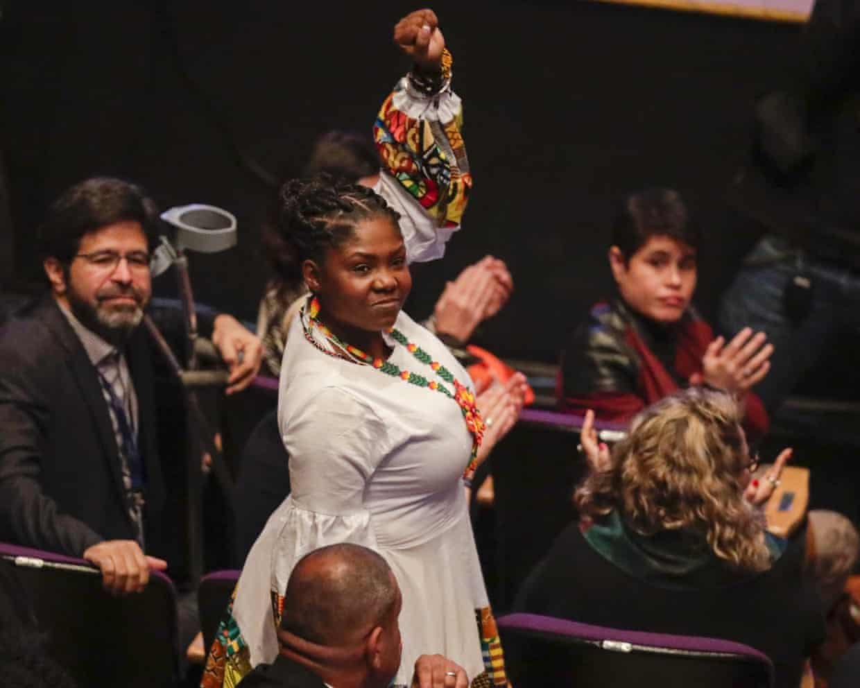 Vice President-elect Francia Márquez raises her fist at the release of a truth commission report on Colombia’s internal conflict, in Bogotà in June 2022.