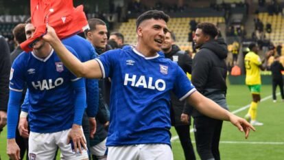 Marcelino Núñez of Ipswich Town celebrates after the derby win at Norwich