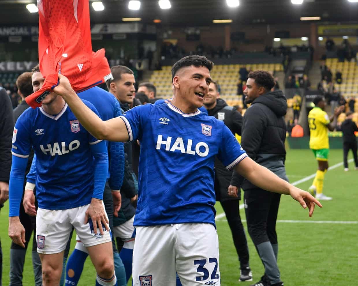 Marcelino Núñez of Ipswich Town celebrates after the derby win at Norwich