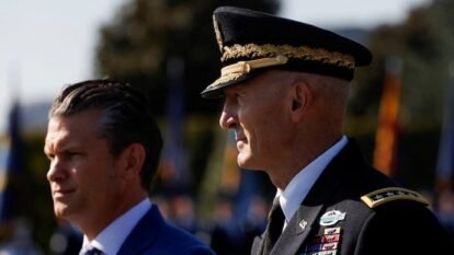 General Randy George, Chief of Staff of the U.S. Army stands next to the U.S. Defense Secretary Pete Hegseth