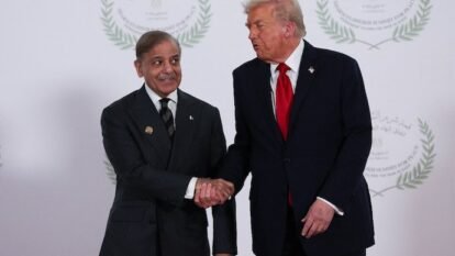 Pakistani Prime Minister Shehbaz Sharif and US President Donald Trump at a world leaders' summit on ending the Gaza war.