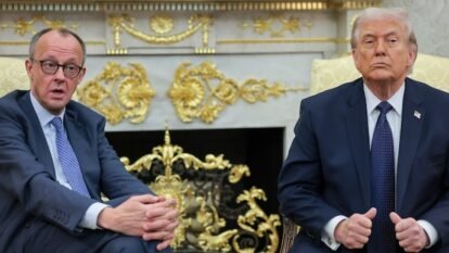 US President Donald Trump and German Chancellor Friedrich Merz meet in the Oval Office.