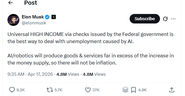 Musk flags fast AI growth, says direct cash support will become unavoidable as jobs decline