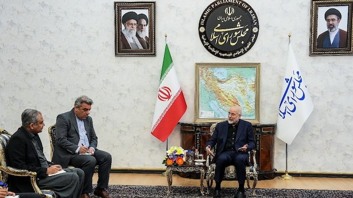 Iranian Parliament Speaker Mohammad Bagher Ghalibaf meets with Pakistan's Interior Minister Mohsin Naqvi, in Tehran.