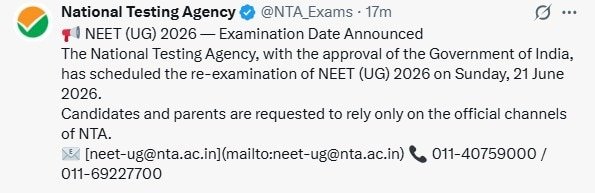 The National Testing Agency cancelled the NEET-UG 2026 exam scheduled for May 3 due to fears of paper leak.