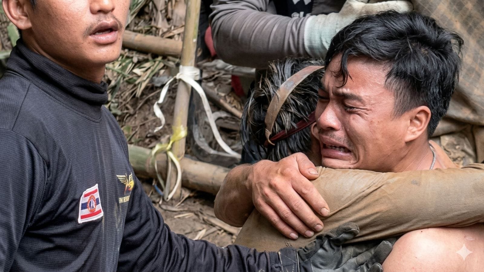 A rescued man is embraced, after seven Lao nationals who had entered a cave to prospect for gold were trapped for more than a week when rising water blocked their exit, in Xaisomboun province, Laos, May 30, 2026, in this screen grab.