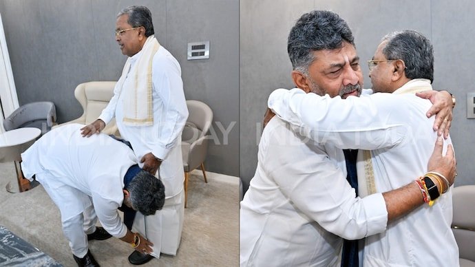 DK Shivakumar hugs Siddaramaiah, touches his feet at breakfast meet
