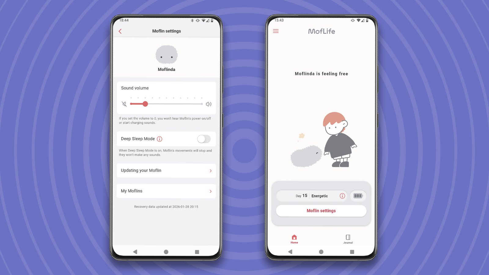 Screengrabs from MofLife app showing settings and current status