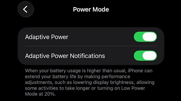The adaptive power mode toggle in iOS 26