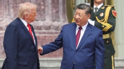 Donald Trump with his Chinese counterpart Xi Jinping at the welcome ceremony at the Great Hall of the People in Beijing.