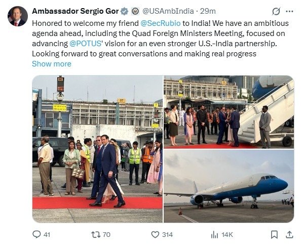 Confirming Rubio’s arrival earlier in the day, Sergio Gor wrote on X that the visit would focus on “Trade, Technology, Defense, QUAD, and many other items” over the next few days.