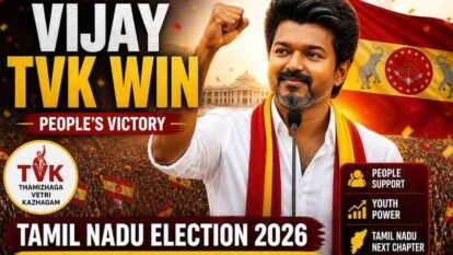 Vijay’s TVK party leading 108+ seats marks a historic political debut in Tamil Nadu.