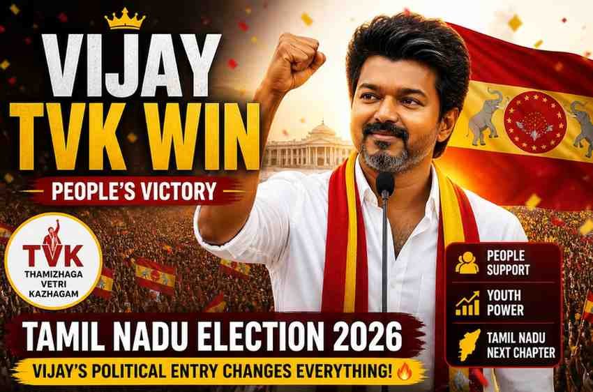 Vijay’s TVK party leading 108+ seats marks a historic political debut in Tamil Nadu.