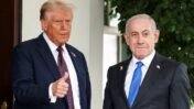 US President Donald Trump gives a thumbs up as he welcomes Israeli Prime Minister Benjamin Netanyahu at the White House in Washington, DC.