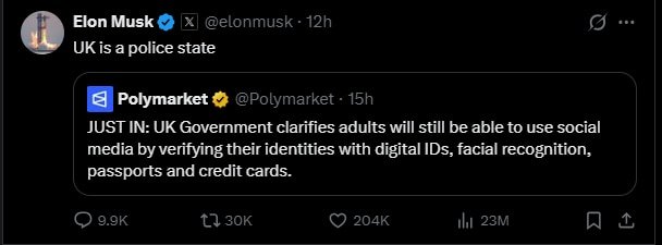 "UK is a police state," Musk wrote in response.