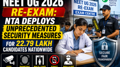 NEET UG 2026 Re-Exam: NTA Deploys Unprecedented Security Measures for 22.79 Lakh Candidates Nationwide NEET UG 2026 Re-Exam: NTA Deploys Unprecedented Security Measures for 22.79 Lakh Candidates Nationwide