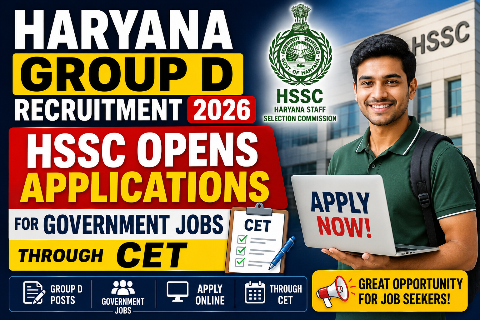 Haryana Group D Recruitment 2026: HSSC Opens Applications for Government Jobs Through CET