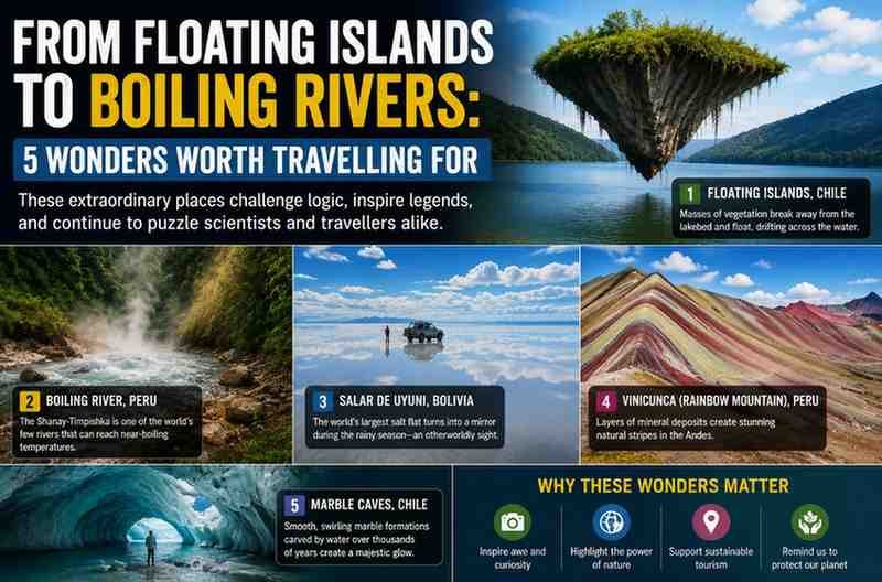 natural wonders, floating islands, boiling river, Salar de Uyuni, unique travel destinations