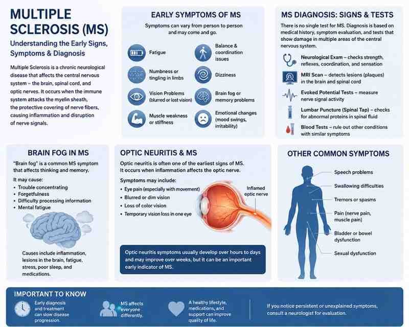 multiple sclerosis early symptoms, MS diagnosis signs, neurological disease symptoms, brain fog causes MS, optic neuritis MS