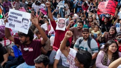 Protestors gather in support of Cockroach Janta Party and demand Union Education Minister Dharmendra Pradhan's resignation, near Shivaji Park in Mumbai. Protestors gather in support of Cockroach Janta Party and demand Union Education Minister Dharmendra Pradhan's resignation, near Shivaji Park in Mumbai.