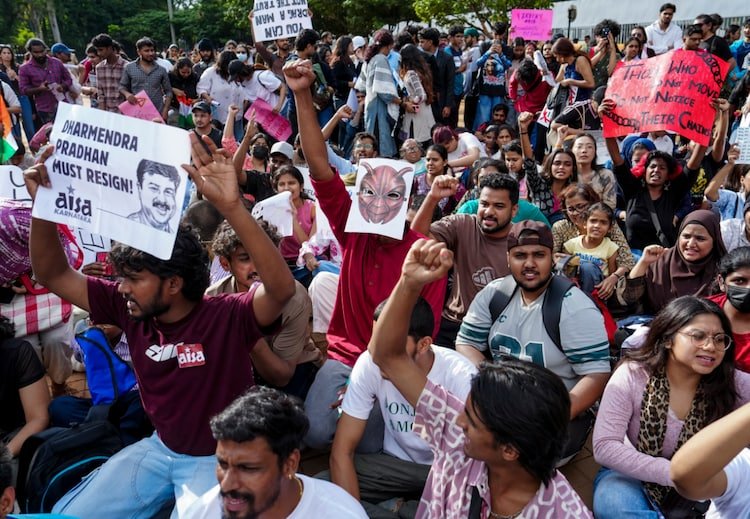 Protestors gather in support of Cockroach Janta Party and demand Union Education Minister Dharmendra Pradhan's resignation, near Shivaji Park in Mumbai.