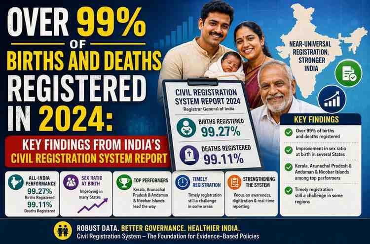Over 99% of Births and Deaths Registered in 2024: Key Findings from India's Civil Registration System Report