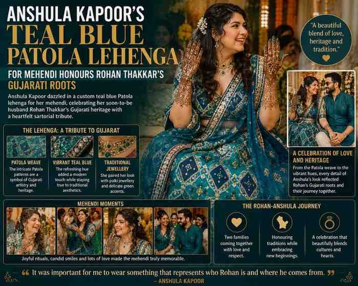 Anshula Kapoor's Teal Blue Patola Lehenga for Mehendi Honours Rohan Thakkar's Gujarati Roots