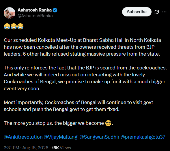 Ashutosh Ranka claims Kolkata event cancelled after hall owners received threats from BJP leaders. (Image: X/@AshutoshRanka)
