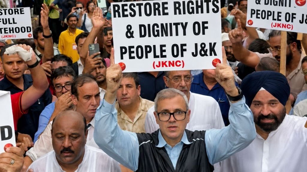 Jammu and Kashmir Chief Minister Omar Abdullah leading a rally as he was stopped from entering the Jantar Mantar protest site. (Photograb/X@OmarAbdullah/Enhanced using AI)