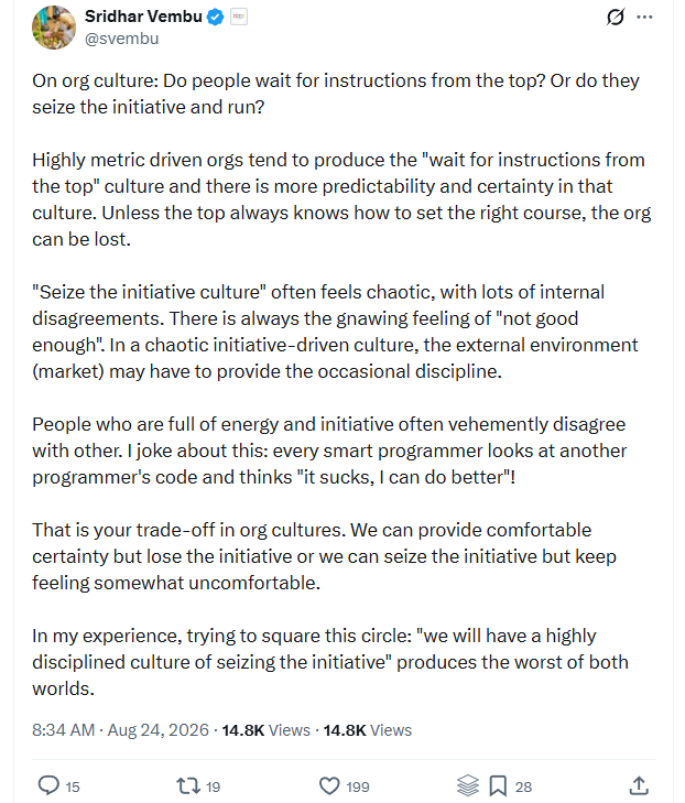 A screenshot of Sridhar Vembu talking about work culture discipline on X.